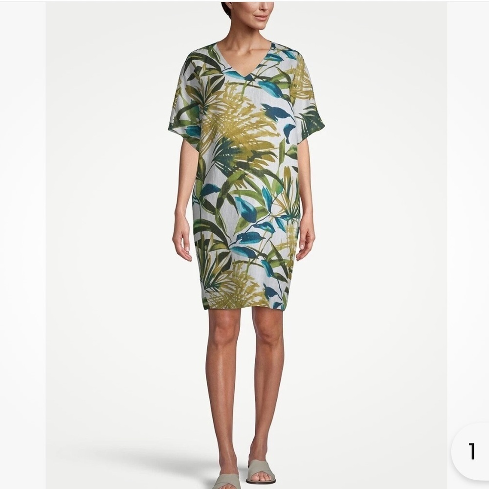 Chico's 0 Linen Palm-Print Tunic Wedge Dress Dolman Sleeves Knee Length